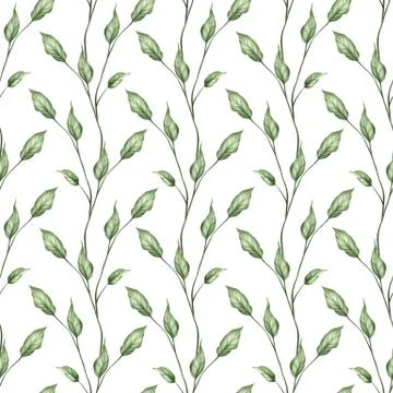 Seamless leaves pattern. Background with green branches on white Stock Illustration