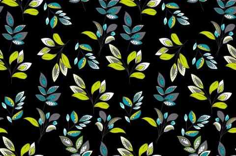 Seamless leaves pattern. Hand drawn branches background on black background. Stock Illustration