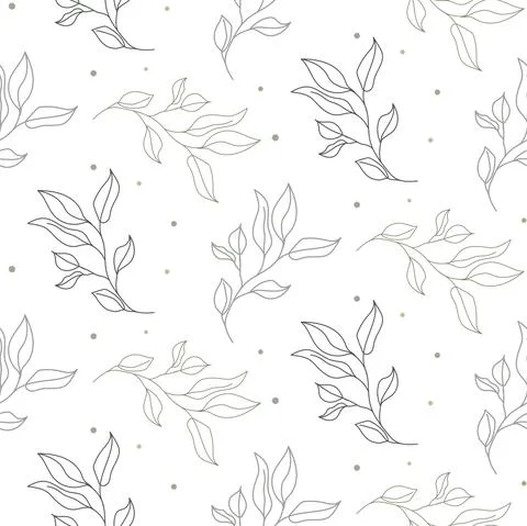 Seamless leaves spring pattern line style. Light natural foliage with dots print Stock Illustration