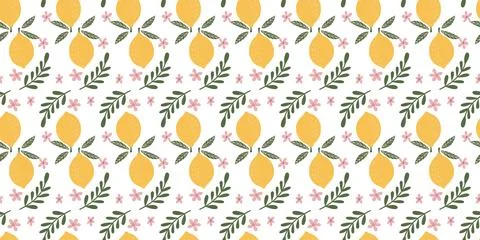 Seamless Lemon and Leaf Pattern with Pink Flowers and Green Foliage on Whit.. Stock Illustration