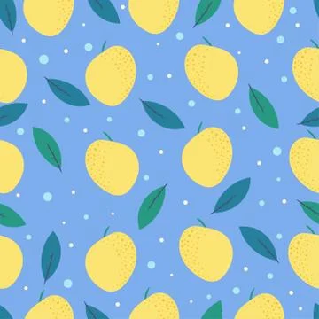 Seamless lemon and leaves pattern on blue background. Simple vector. 스톡 일러스트