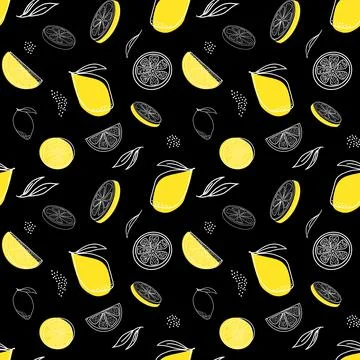A seamless lemon pattern on black background. Stock Illustration