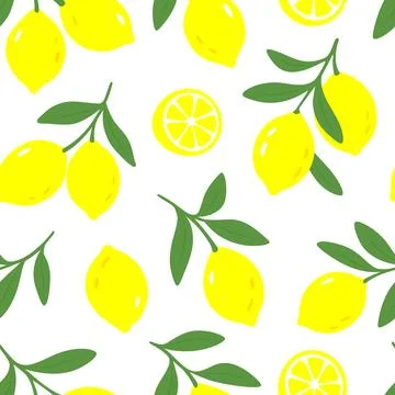 Seamless lemon pattern with branches. Yellow citrus fruits and slices on white Stock Illustration