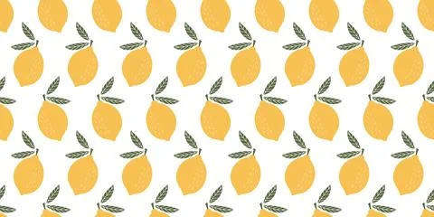 Seamless Lemon Pattern with Bright Yellow Lemons and Green Leaves on White Ba Stock Illustration