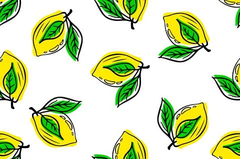 Seamless lemon pattern. Citrus with green leaves. Ripe whole fruits. Vector i イラスト素材