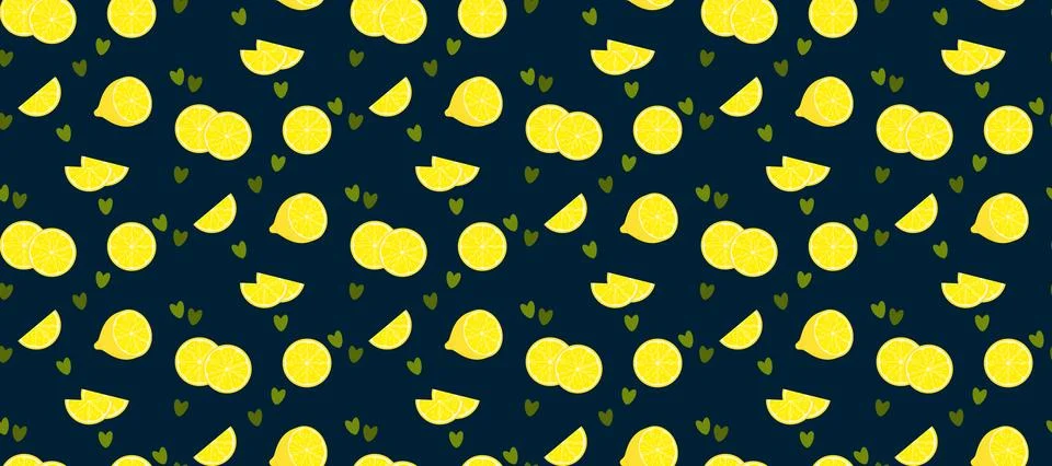 Seamless lemon pattern with citrus slices and green hearts on dark blue bac.. Stock Illustration