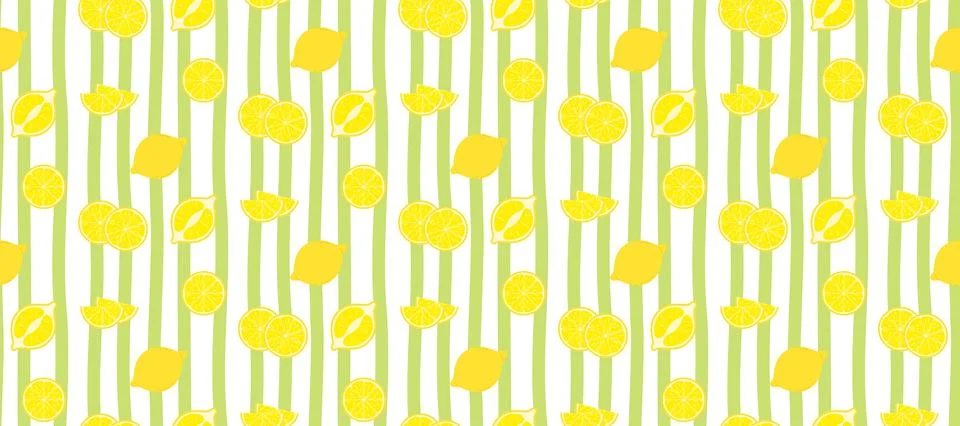 Seamless lemon pattern with citrus slices and hand-drawn green stripes on w.. Stock Illustration