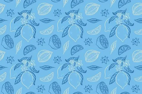 Seamless lemon pattern with flowers, slices and leaves on blue background in Stock Illustration