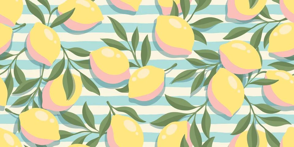 Seamless lemon pattern with green leaves and blue striped background in a soft Stock Illustration