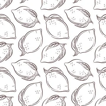 Seamless lemon pattern with line art style citrus fruit and leaf. Perfect for Stock Illustration