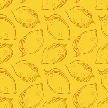 Seamless lemon pattern in line art style on yellow background. Hand drawn design Stock Illustration