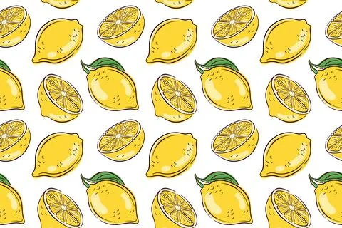 Seamless lemon pattern with whole and sliced yellow lemon on white background in Stock Illustration