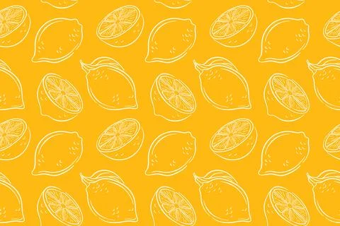 Seamless lemon pattern with whole and sliced lemon on yellow background in line Stock Illustration
