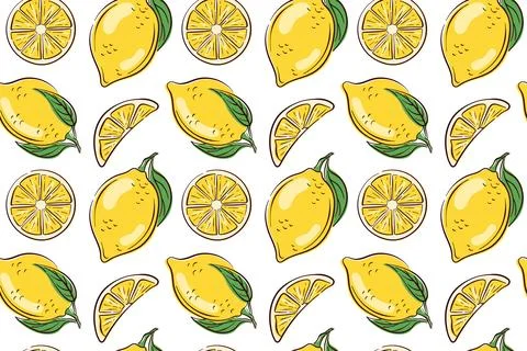 Seamless lemon pattern with whole fruit, slices and leaves in flat style. Citrus Stock Illustration