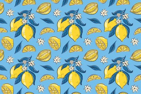 Seamless lemon pattern with whole, fruit slice, flower and leaf on a blue Stock Illustration