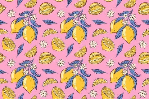 Seamless lemon pattern with whole, fruit slice, flower and leaf on a pink Stock Illustration
