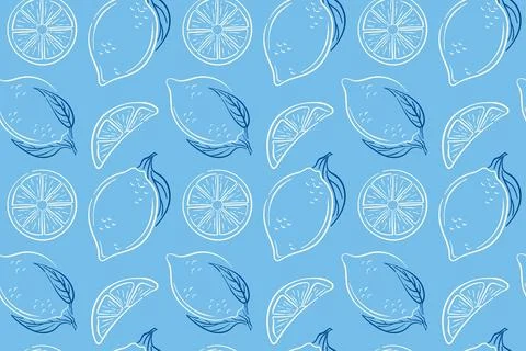 Seamless lemon pattern with whole fruit, slice and leaf in line art style Stock Illustration