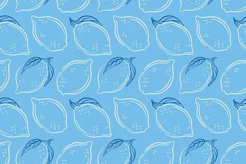 Seamless lemon pattern with whole lemon fruit and leaf on a blue background in Illustrazione stock