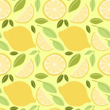 Seamless lemon pattern with whole lemons, slices, and green leaves on a yellow Stock Illustration