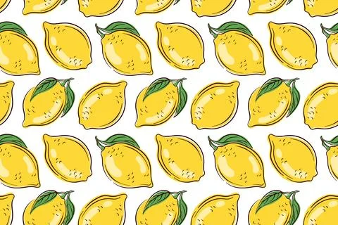 Seamless lemon pattern with whole yellow fruit and green leaf on a white Stock Illustration