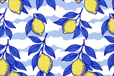 Seamless lemon pattern with yellow citrus fruits and bold blue leaves over soft Stock Illustration