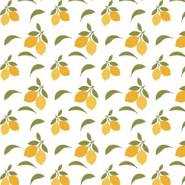 Seamless lemon pattern with yellow citrus fruits and green leaves on a whit.. Stock Illustration