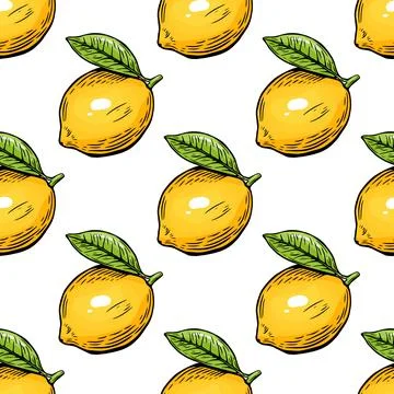 Seamless lemon sketch pattern, slice, engraving and black and white line. Stock Illustration