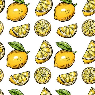 Seamless lemon sketch pattern, slice, engraving and black and white line. Stock Illustration
