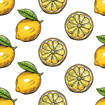 Seamless lemon sketch pattern, slice, engraving and black and white line. Stock Illustration