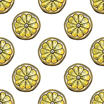 Seamless lemon sketch pattern, slice, engraving and black and white line. Stock Illustration
