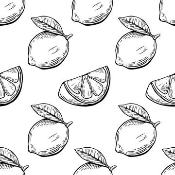 Seamless lemon sketch pattern, slice, engraving and black and white line. Stock Illustration