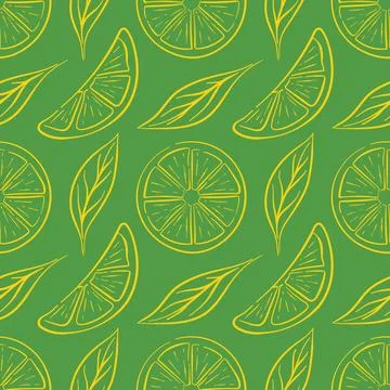 Seamless lemon slice pattern in line art style on green background. Perfect for Illustrazione stock