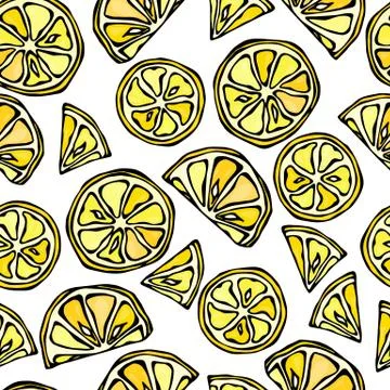 Seamless Lemon Slices Background. Pattern of Citrus. Doodle Style Vector Stock Illustration
