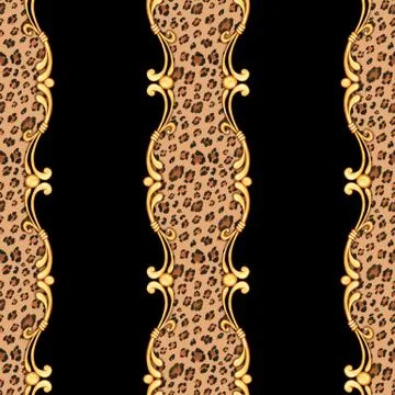 Seamless leopard pattern and golden baroque elements. Stock Illustration