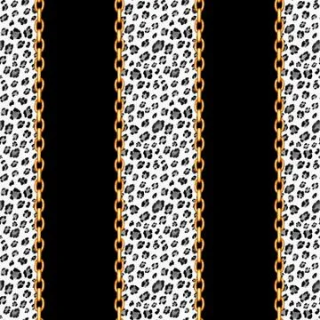 Seamless leopard pattern and golden chains Stock Illustration