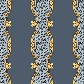 Seamless leopard pattern and golden baroque elements. Stock Illustration