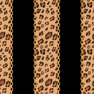 Seamless leopard pattern and golden chains Stock Illustration