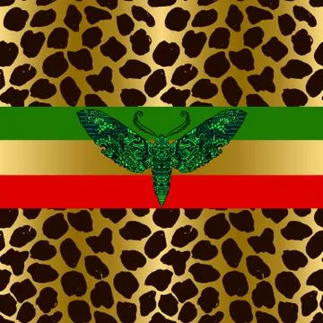 Seamless leopard pattern. Animal skin grunge texture with blue moth. Giraffe Illustrazione stock