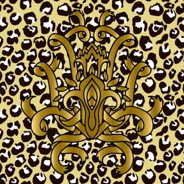 Seamless leopard pattern with golden ribbons pattern. Animal skin grunge texture イラスト素材