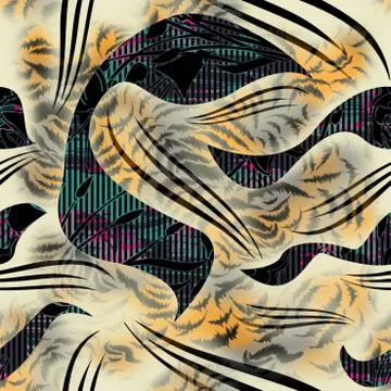 Seamless leopard skin texture with abstract flowers. - illustration Stock Illustration