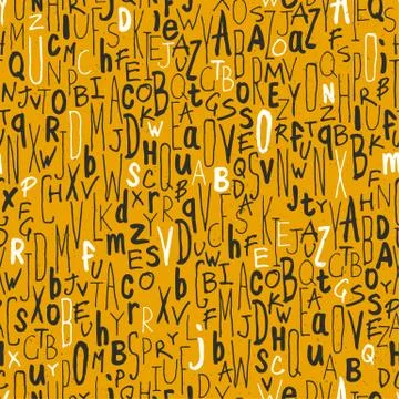 Seamless letters pattern. On yellow paper texture. Different hand drawn alpha Stock Illustration