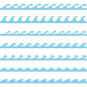 Seamless light blue sea waves borders patterns collection horizontal vector. Stock Illustration