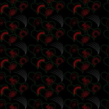 Seamless of light green hearts with different red patterns in them Stock Illustration