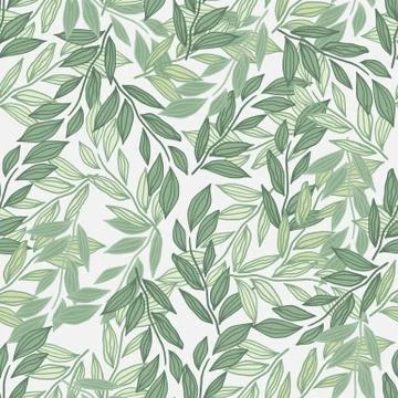 Seamless light pattern with outline foliage silhouettes. Leaves with green co Stock Illustration