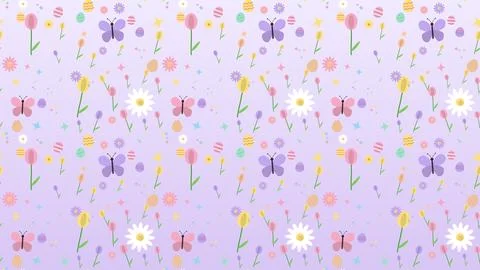 Seamless lilac spring pattern of tulips, daisies and butterflies, Easter ho.. Stock Illustration