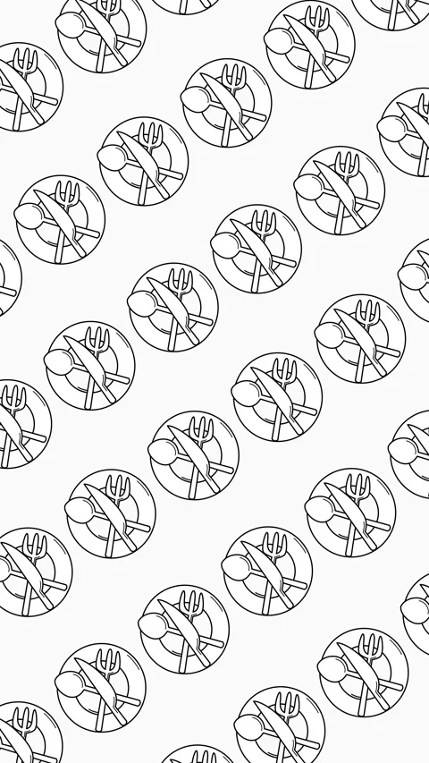 Seamless line art cutlery pattern with plate, spoon, fork, and knife Stock Footage 331996303