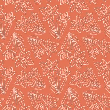 Seamless line art pattern with daffodil flowers and leaf in a line art style Stock Illustration