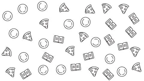 Seamless line art pattern of pizza slices, open books, and dinner plates on.. Stock Illustration