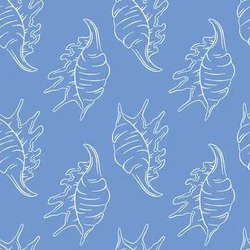 Seamless line art style pattern with decorative seashell on a blue background Stock Illustration