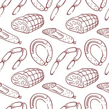 Seamless line art style pattern with sausage and ham on white background Stock Illustration